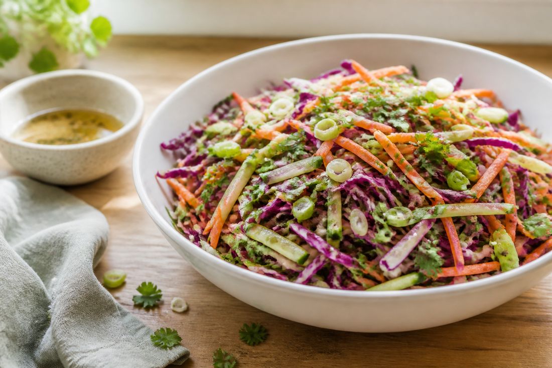 Bright vegetable slaw with cabbage, carrot, cucumber, and herbs