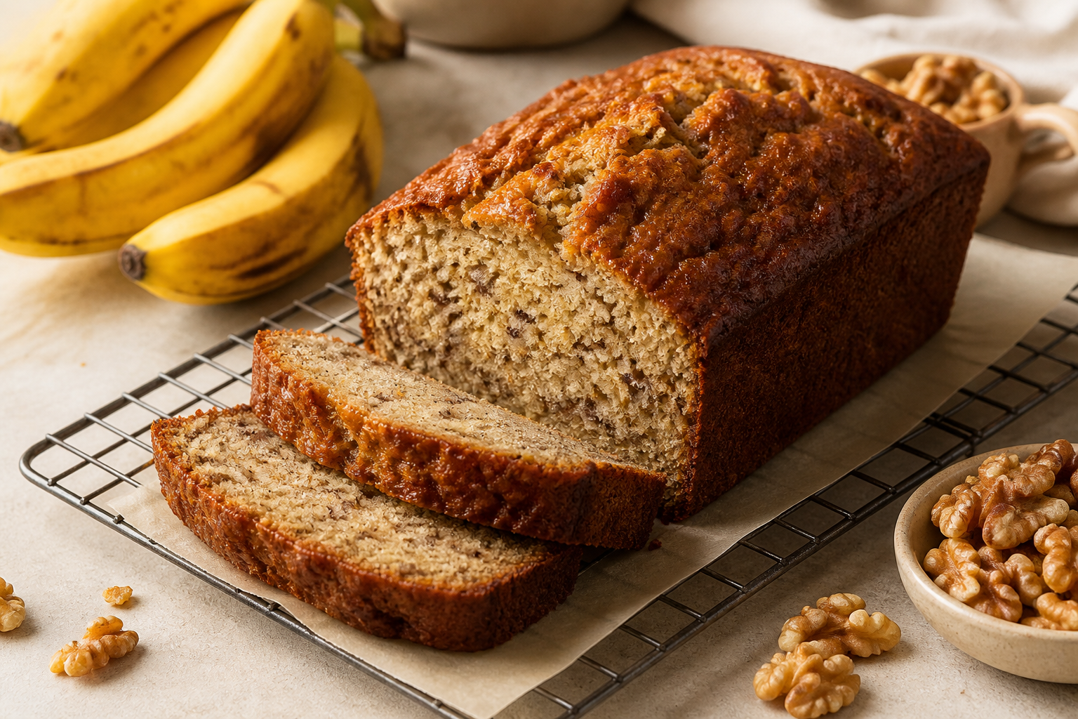 Slices of banana bread on a cooling rack with walnuts and ripe bananas nearby