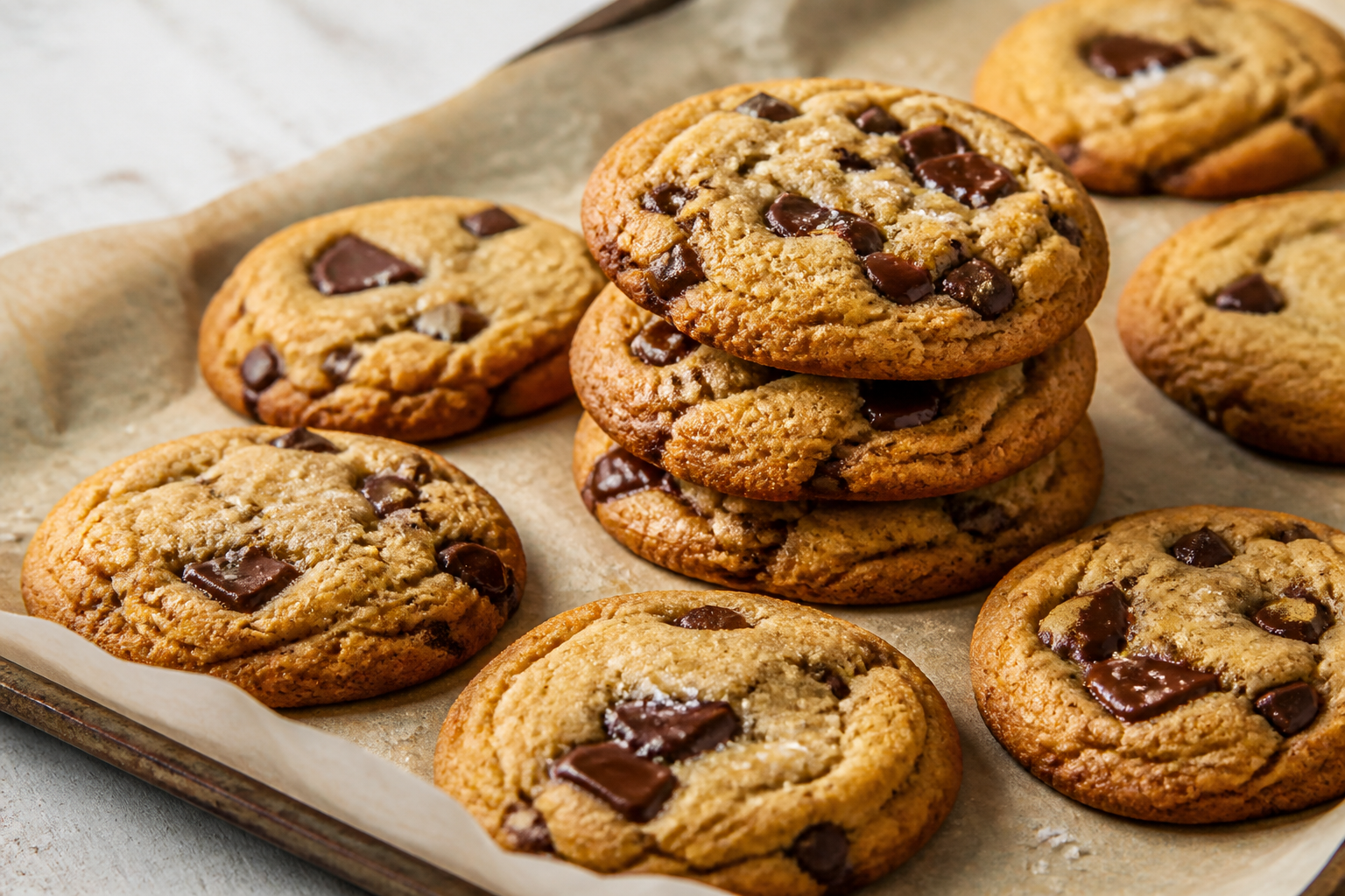 Stack of chocolate chip cookies with melted chocolate pools on a parchment-lined tray