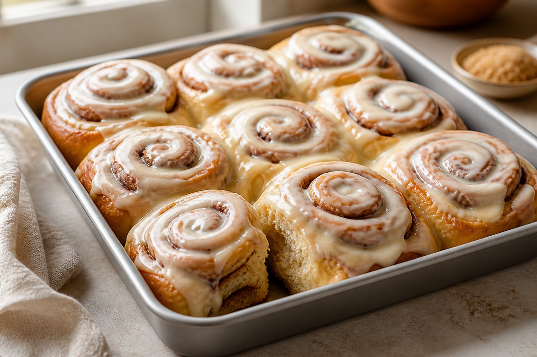 Pan of iced cinnamon rolls with visible spiral layers and a creamy glaze