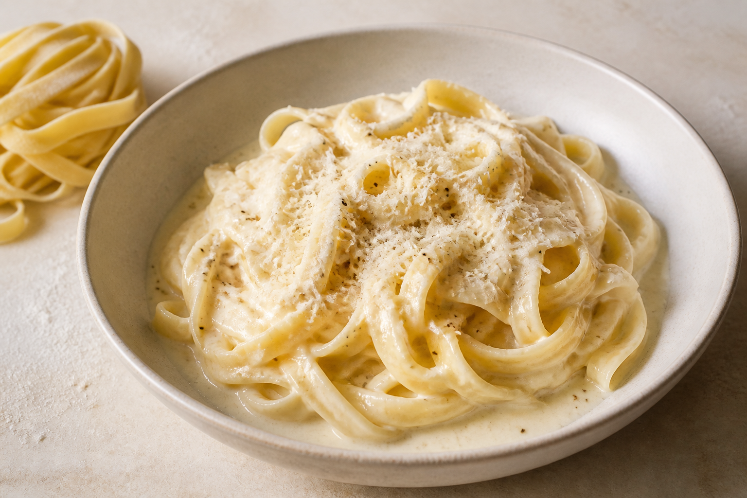 Bowl of fresh fettuccine Alfredo with grated Parmesan and black pepper on top