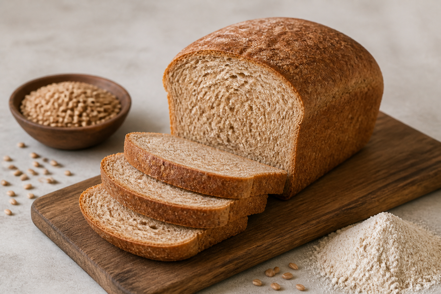 Freshly sliced whole-wheat sandwich loaf with wheat berries and flour nearby