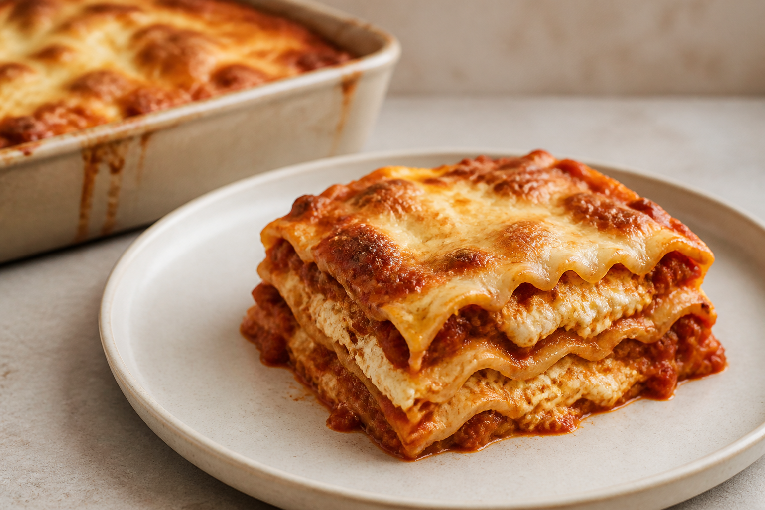 Slice of homemade lasagna showing fresh pasta sheets, sauce, and melted cheese layers