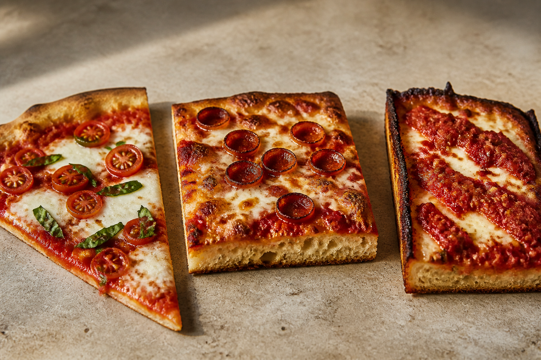 Three pizza styles side by side with thin crust, pan pizza, and Detroit-style slices