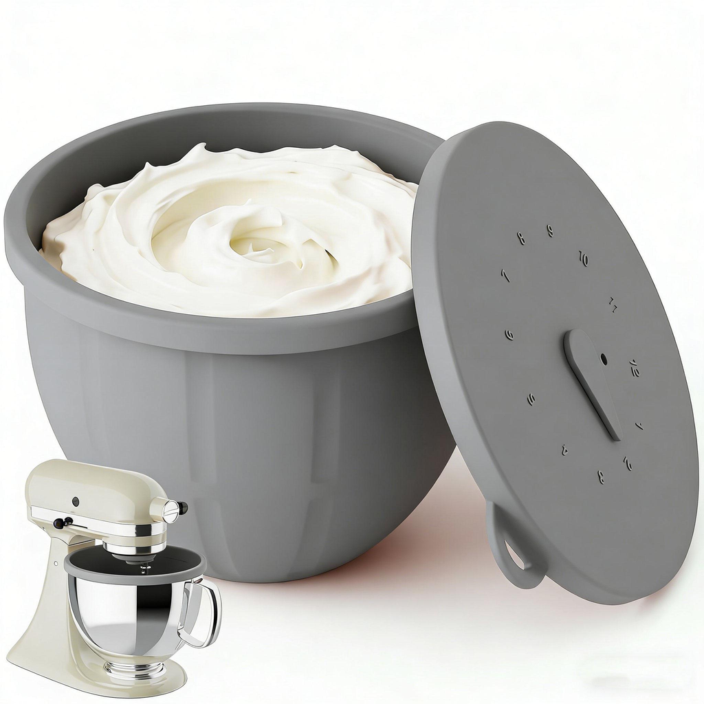 Gray Gvode silicone mixer bowl liner with lid, filled with whipped cream