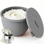 Gray Gvode silicone mixer bowl liner with lid, filled with whipped cream