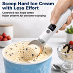 Hand using Gvode heated scoop to serve hard ice cream from a tub