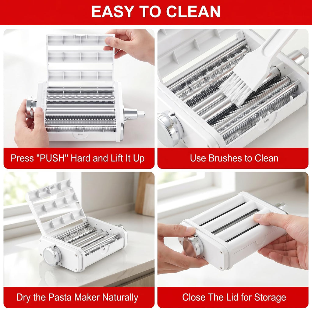 Four-step cleaning and storage guide for the flip-up Gvode pasta attachment