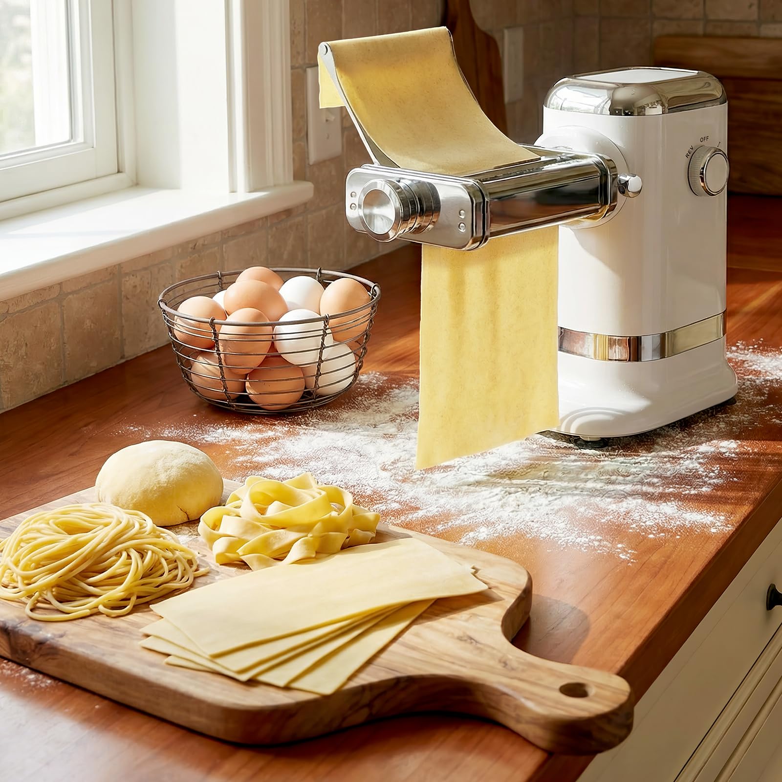 Silver Gvode electric pasta maker rolling a pasta sheet on a floured kitchen counter