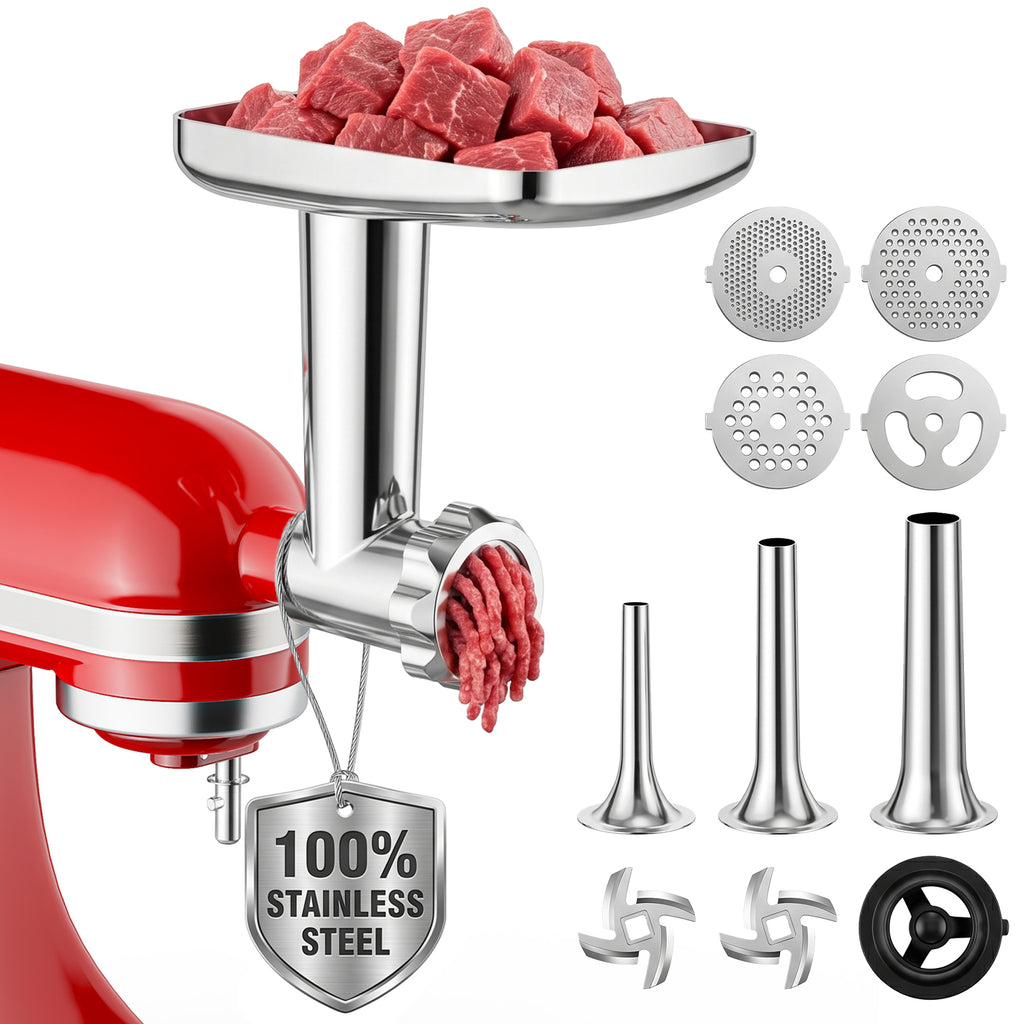 Gvode stainless steel meat grinder attachment with tray, four plates, blades, tubes, pusher, and ring