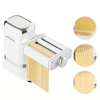 White Gvode electric pasta maker cutting noodles with three close-ups of pasta widths