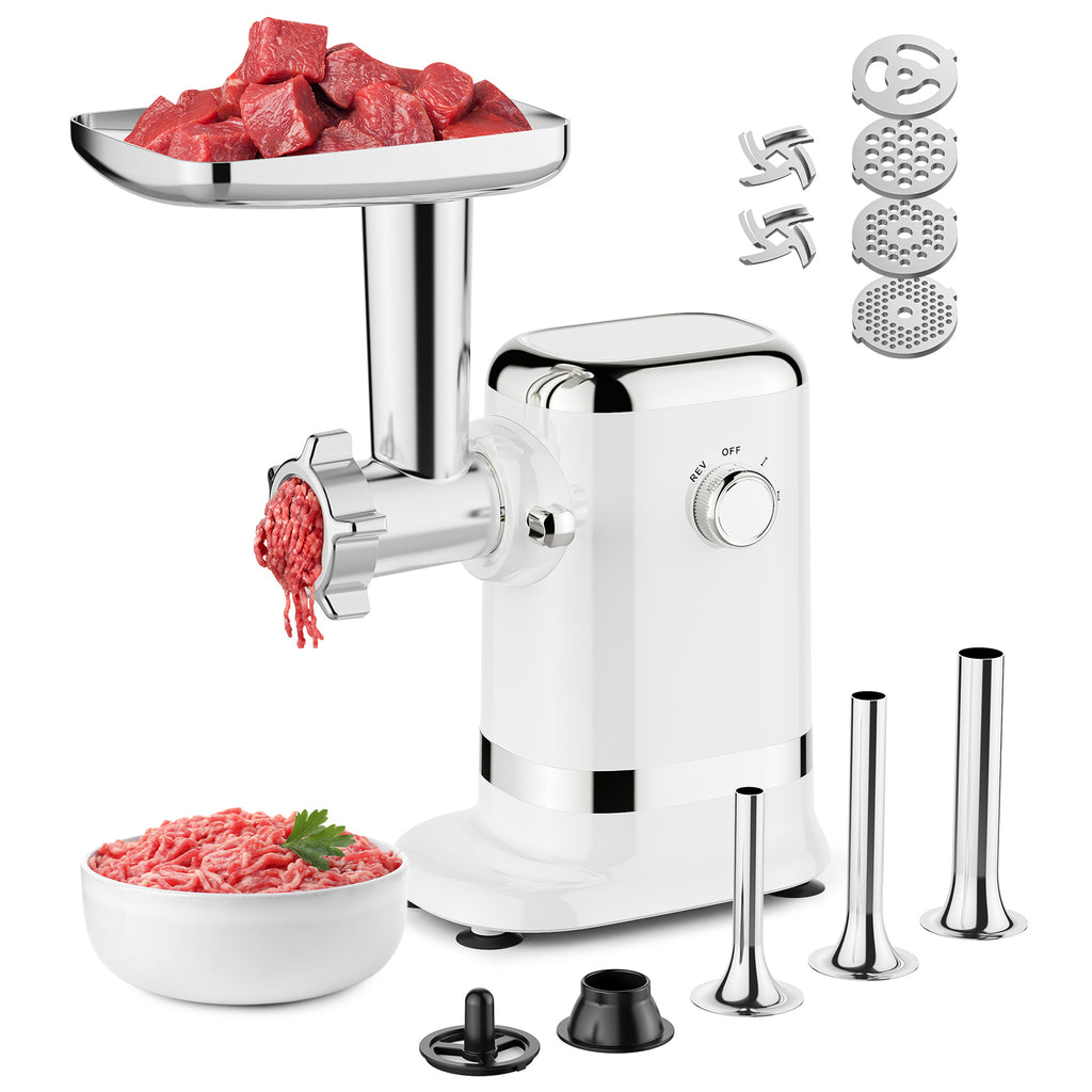 Gvode electric meat grinder with tray of beef, four grinding plates, blades, sausage tubes, and pusher