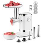 Gvode electric meat grinder with tray of beef, four grinding plates, blades, sausage tubes, and pusher