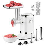 Gvode electric meat grinder with tray of beef, four grinding plates, blades, sausage tubes, and pusher