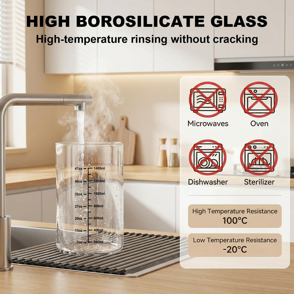 Empty borosilicate glass canister being rinsed under a faucet, with temperature resistance guidance