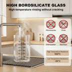 Empty borosilicate glass canister being rinsed under a faucet, with temperature resistance guidance