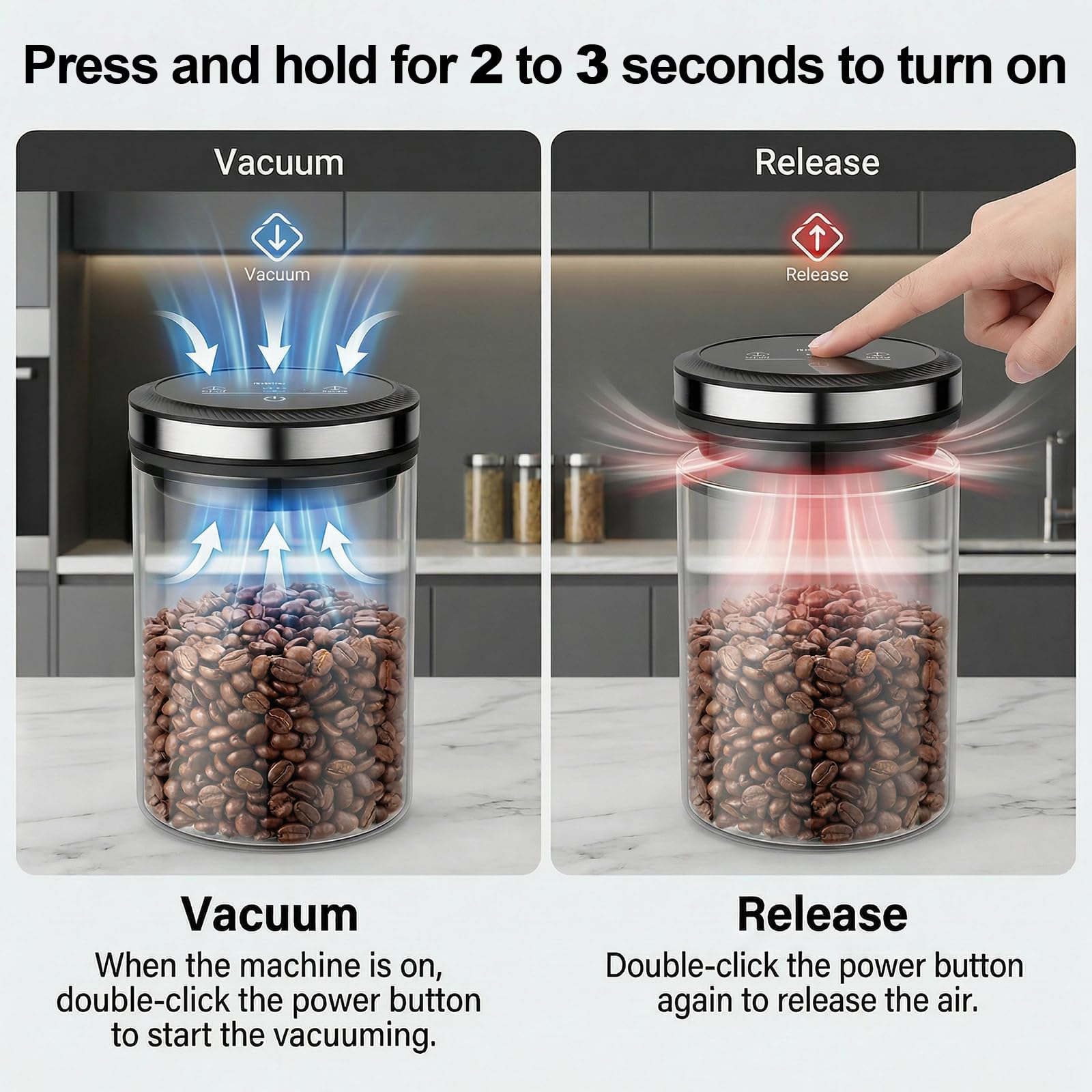 Finger pressing the touch lid to switch between vacuum and air-release modes
