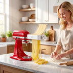 Woman using Gvode 3-in-1 pasta attachment on a red stand mixer to cut fresh noodles