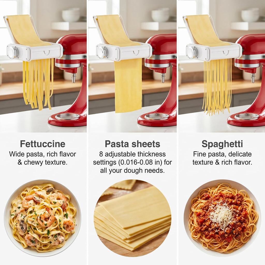 Pasta attachment demonstrating fettuccine, pasta-sheet, and spaghetti outputs