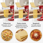 Pasta attachment demonstrating fettuccine, pasta-sheet, and spaghetti outputs