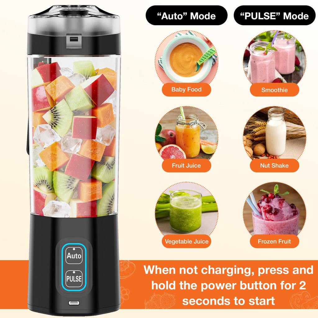 Gvode blender with Auto and Pulse buttons beside examples of smoothies, juice, and baby food