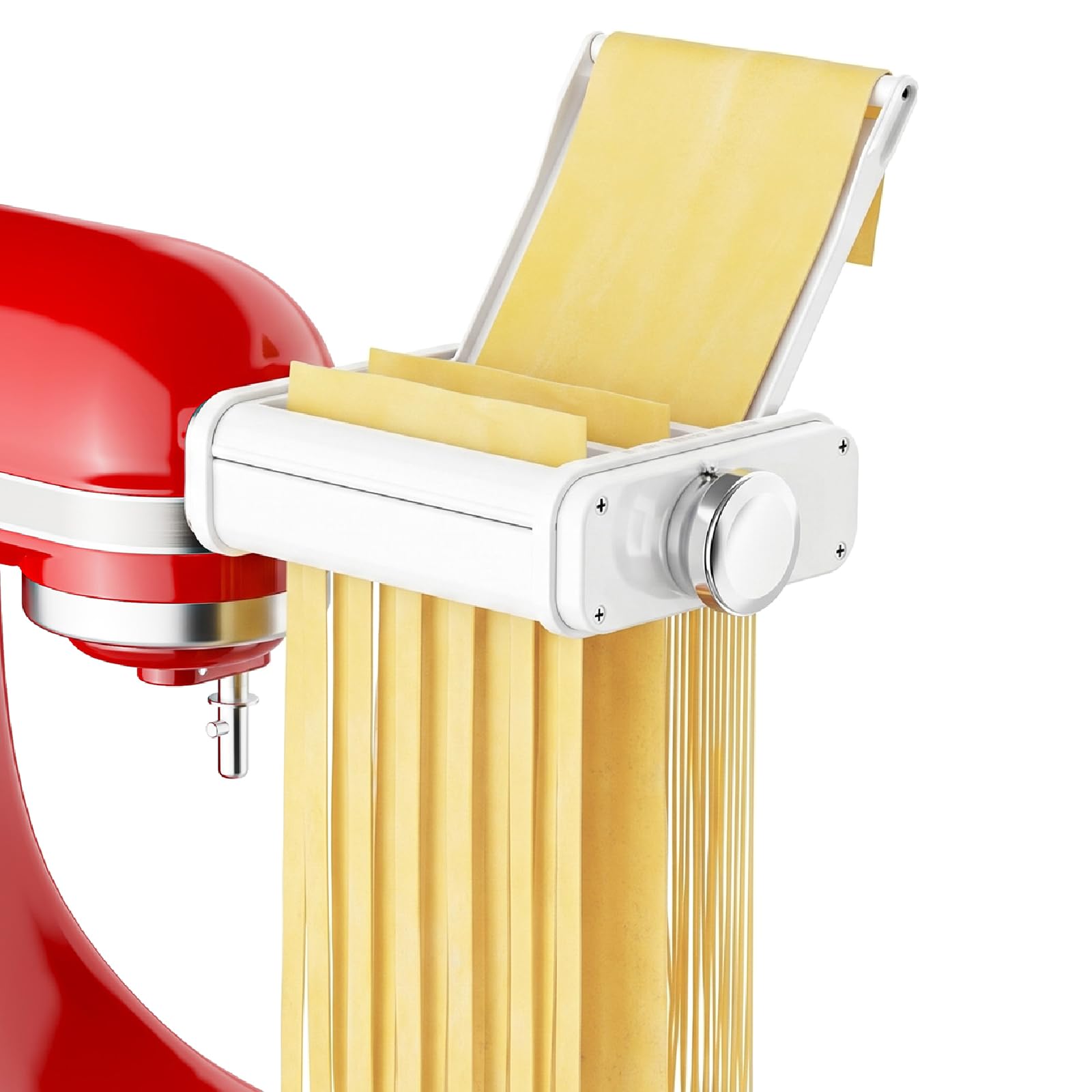 White 3-in-1 pasta attachment on red stand mixer rolling a sheet and cutting noodles