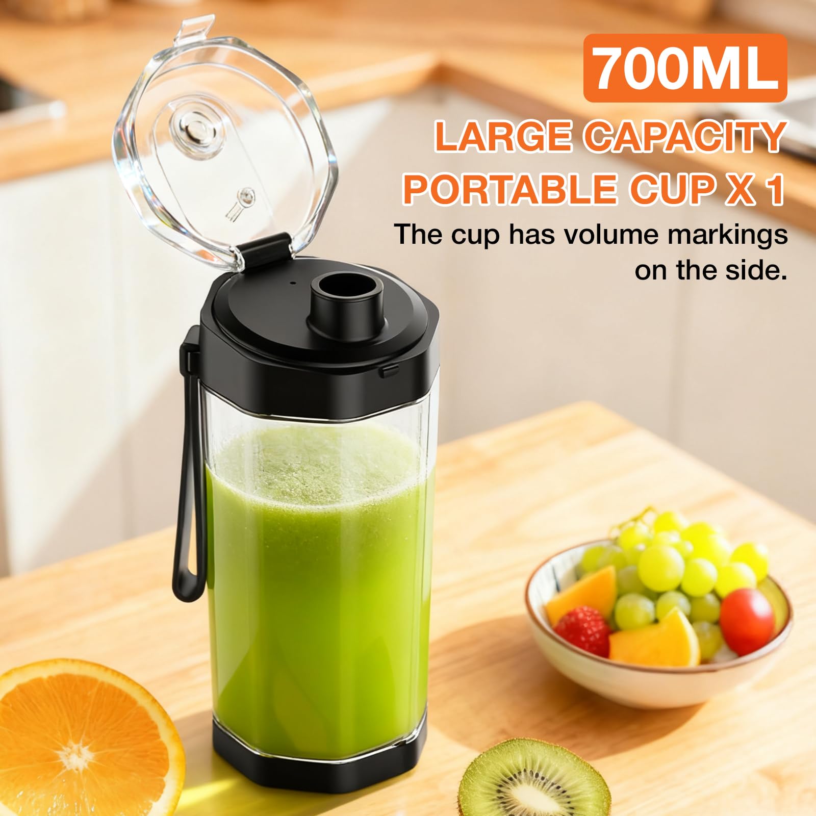 700 mL Gvode portable blender filled with green smoothie on a kitchen counter
