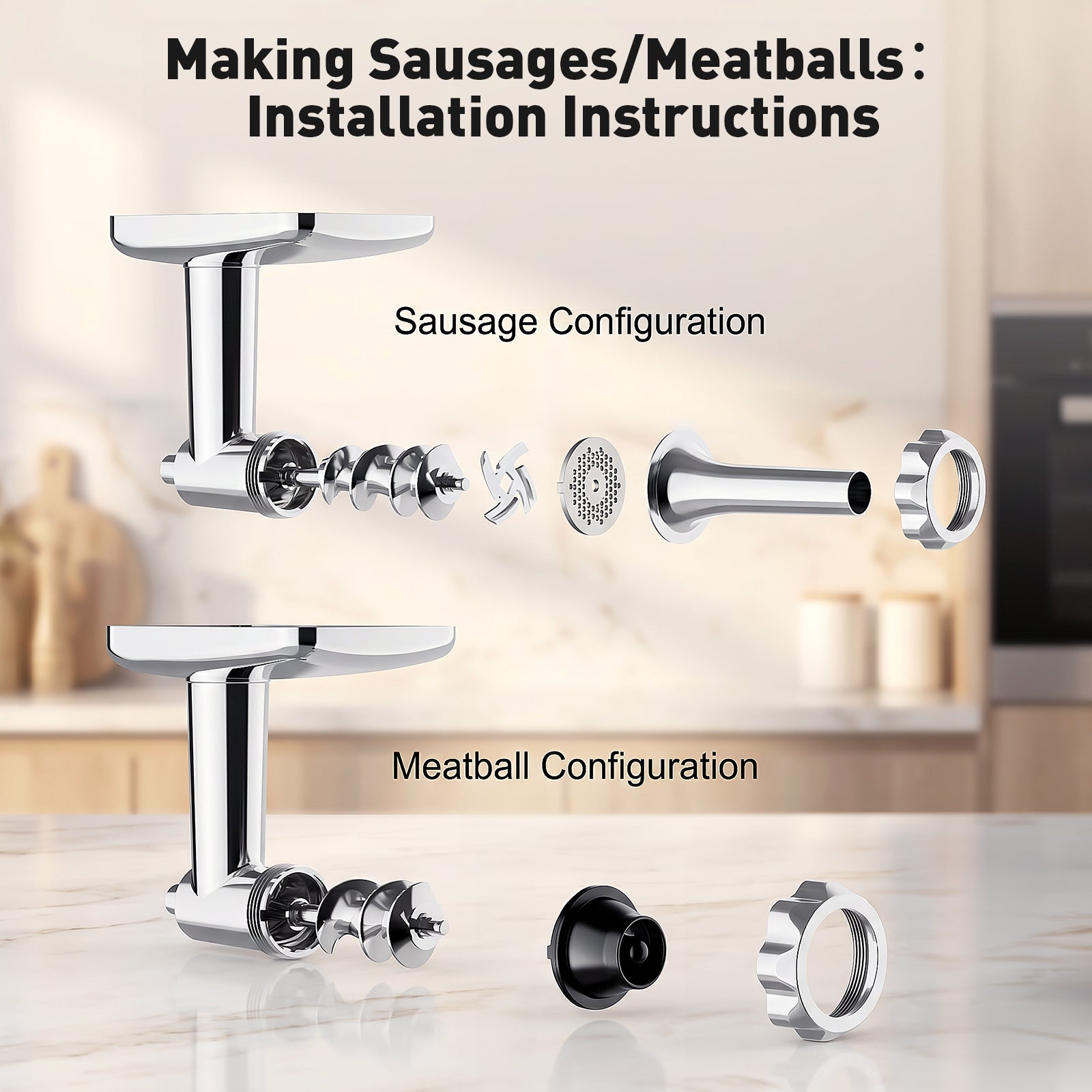 Exploded views of sausage and meatball configurations for Gvode grinder attachment