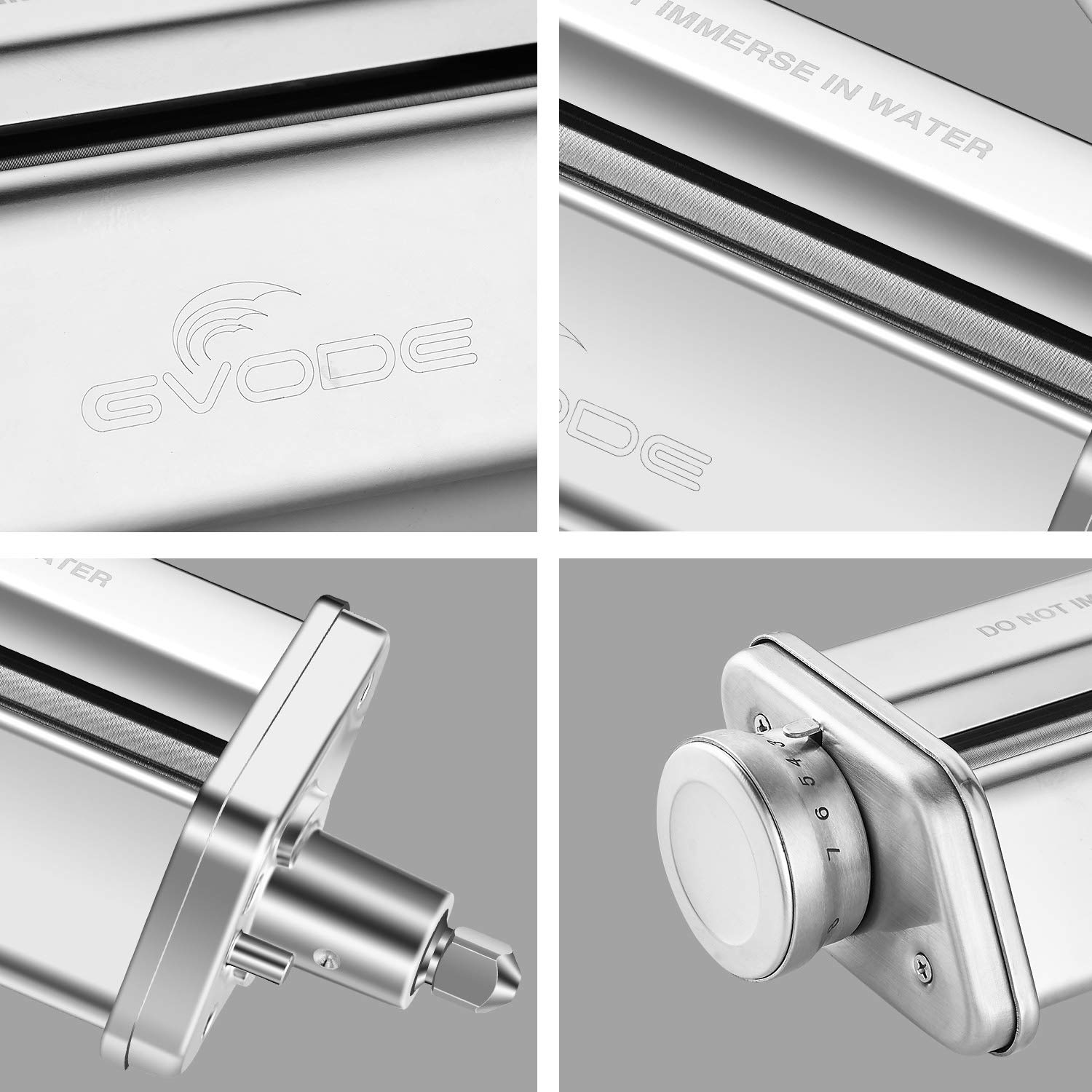 Four close-up views of stainless steel body, roller, drive shaft, and adjustment knob