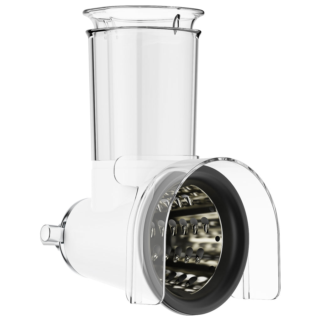 White Gvode slicer-shredder housing with clear 3-inch feed chute and installed cutting cone