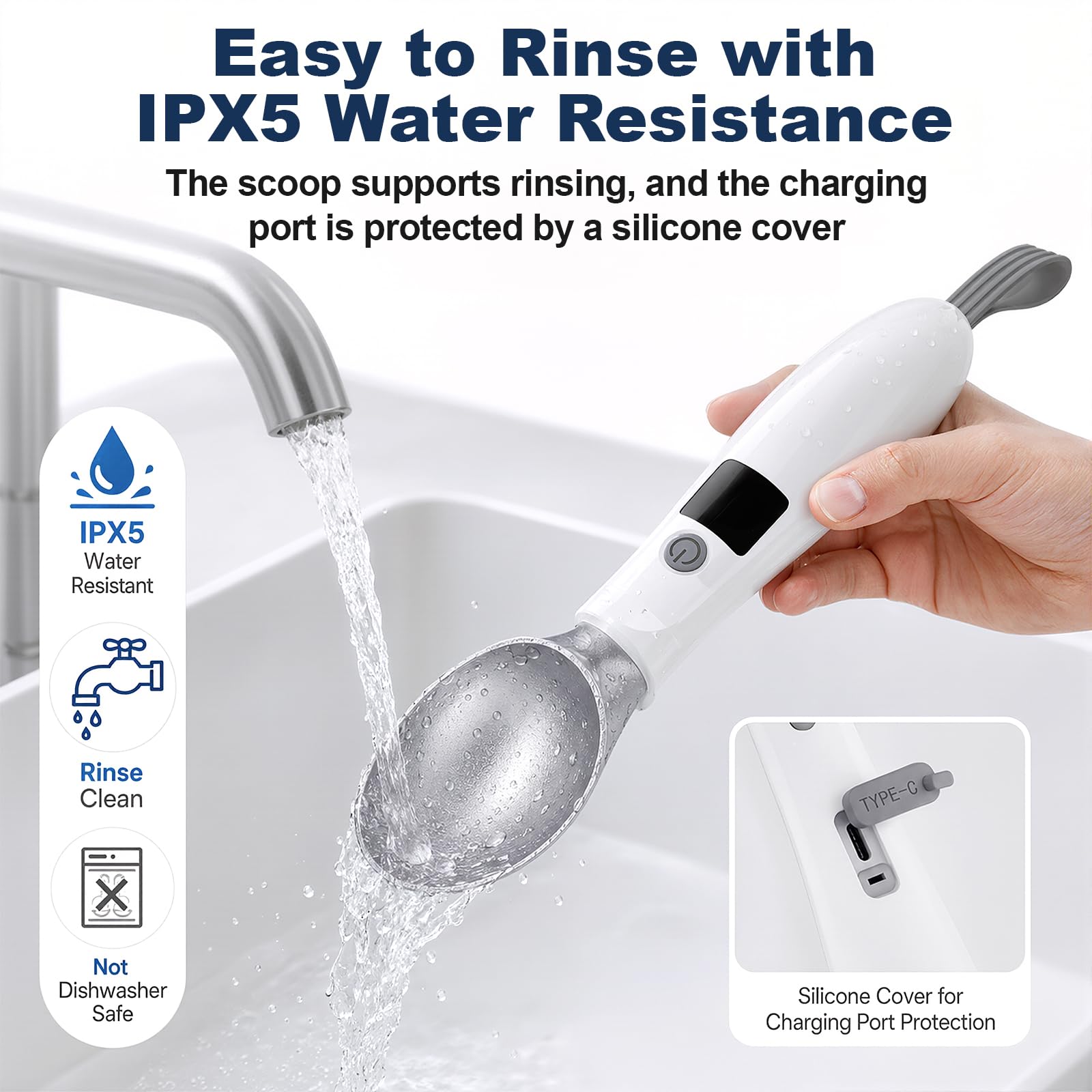 Gvode heated scoop being rinsed under faucet with IPX5 water-resistance guidance