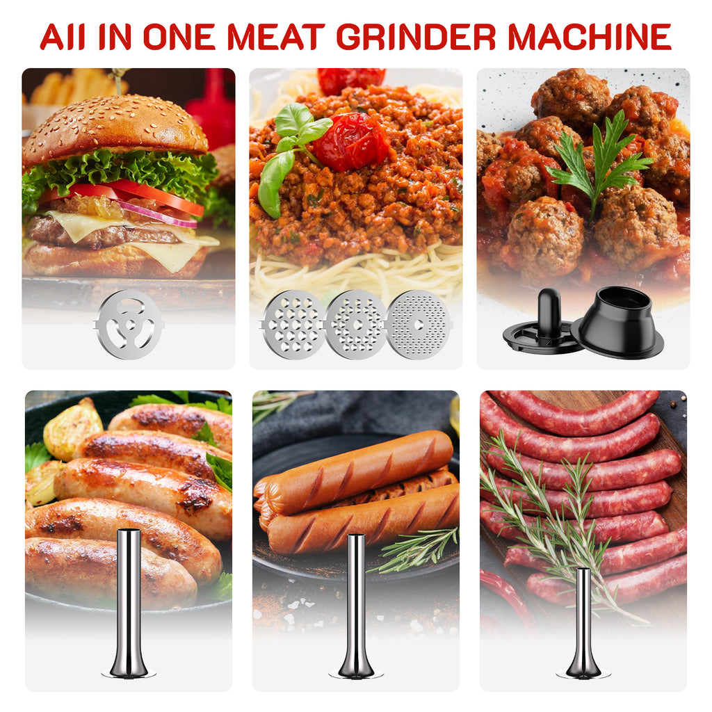 Food-use chart showing grinder plates and sausage tubes for burgers, mince, meatballs, and sausages