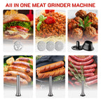 Food-use chart showing grinder plates and sausage tubes for burgers, mince, meatballs, and sausages