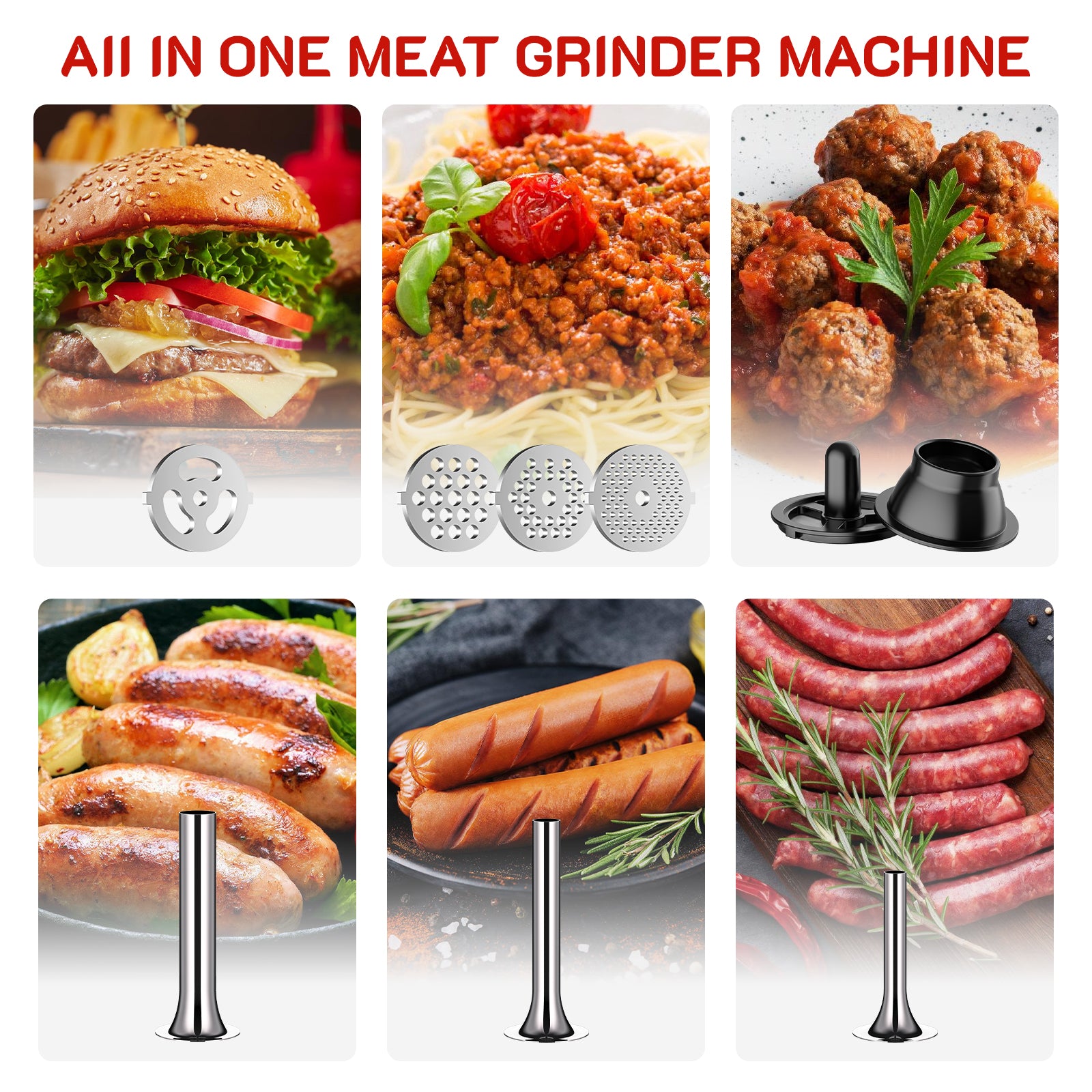 Food-use chart showing grinder plates and sausage tubes for burgers, mince, meatballs, and sausages