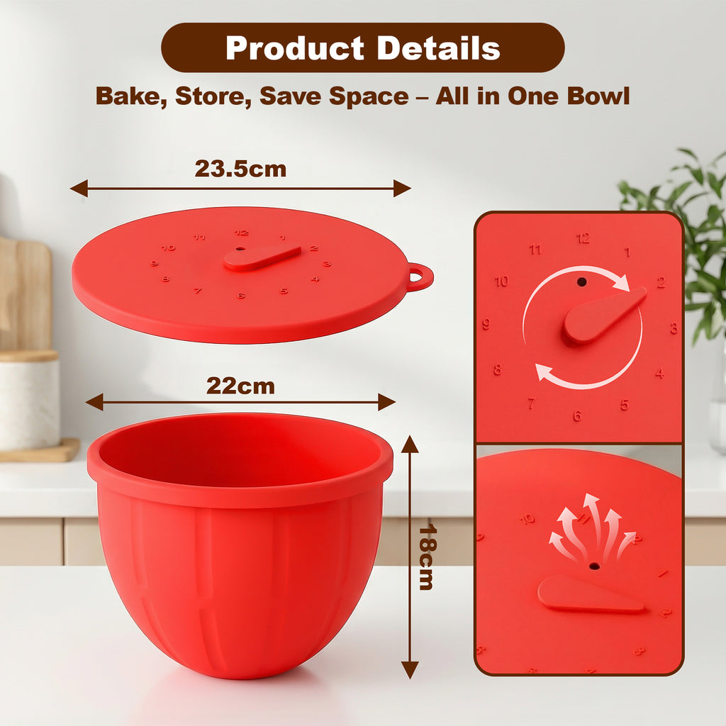 Product dimensions for red silicone bowl liner, lid, handle, and built-in timer markings