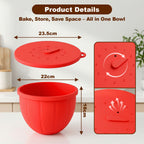 Product dimensions for red silicone bowl liner, lid, handle, and built-in timer markings