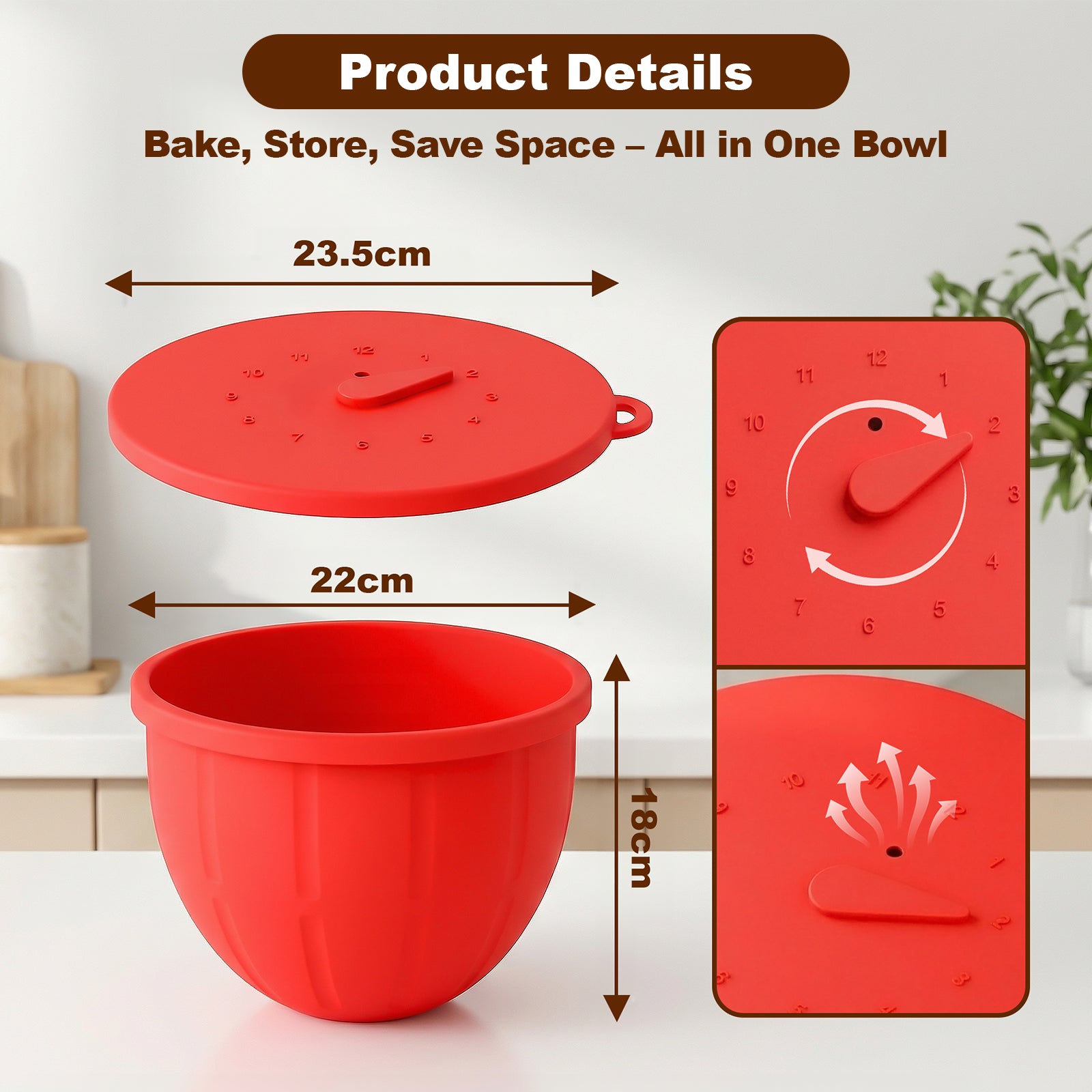 Product dimensions for red silicone bowl liner, lid, handle, and built-in timer markings