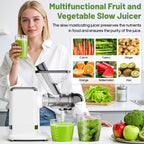 Woman holding green juice beside Gvode juicer and chart of compatible fruits and vegetables