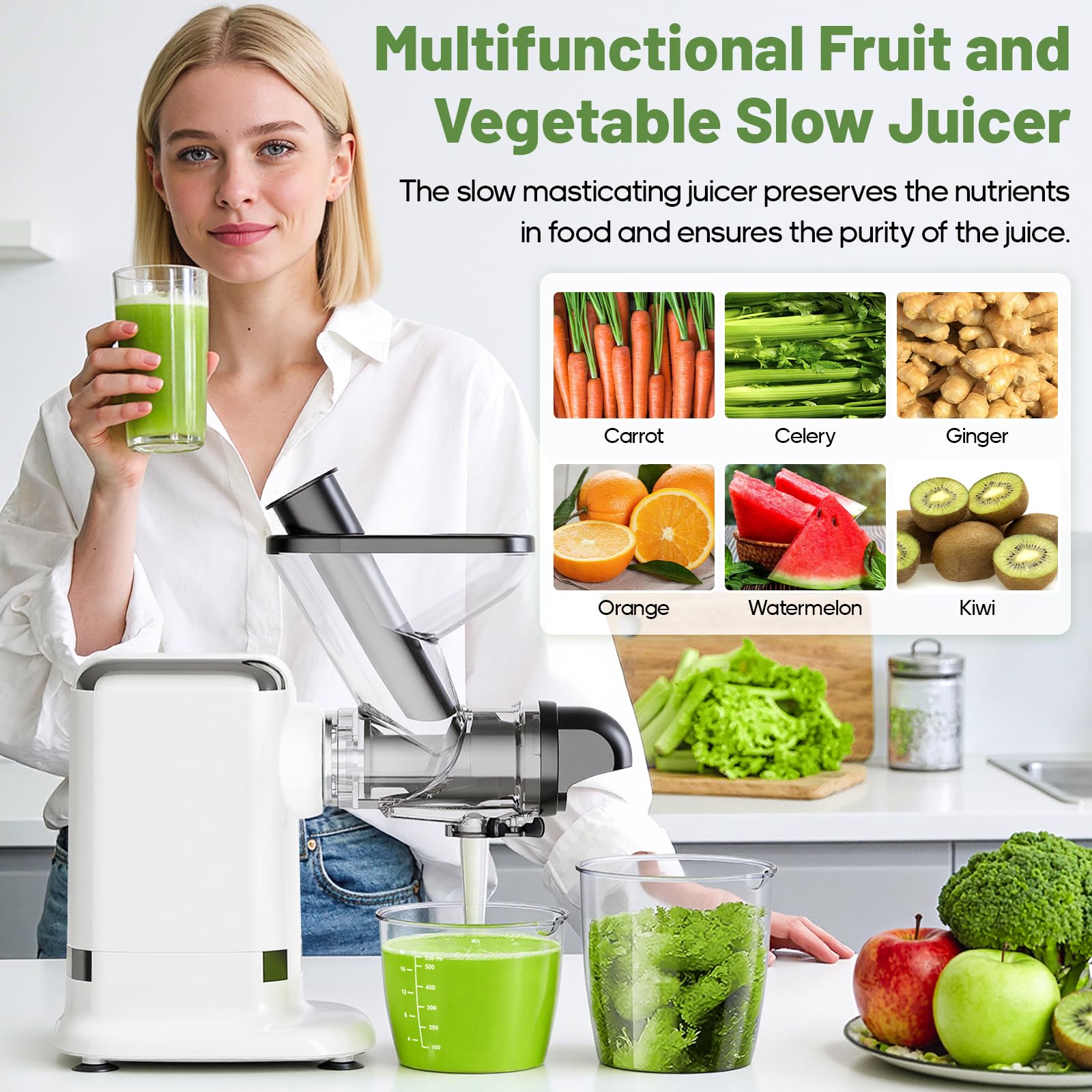 Woman holding green juice beside Gvode juicer and chart of compatible fruits and vegetables