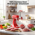 Gvode stainless steel grinder on red stand mixer with ground meat, patties, and sausages
