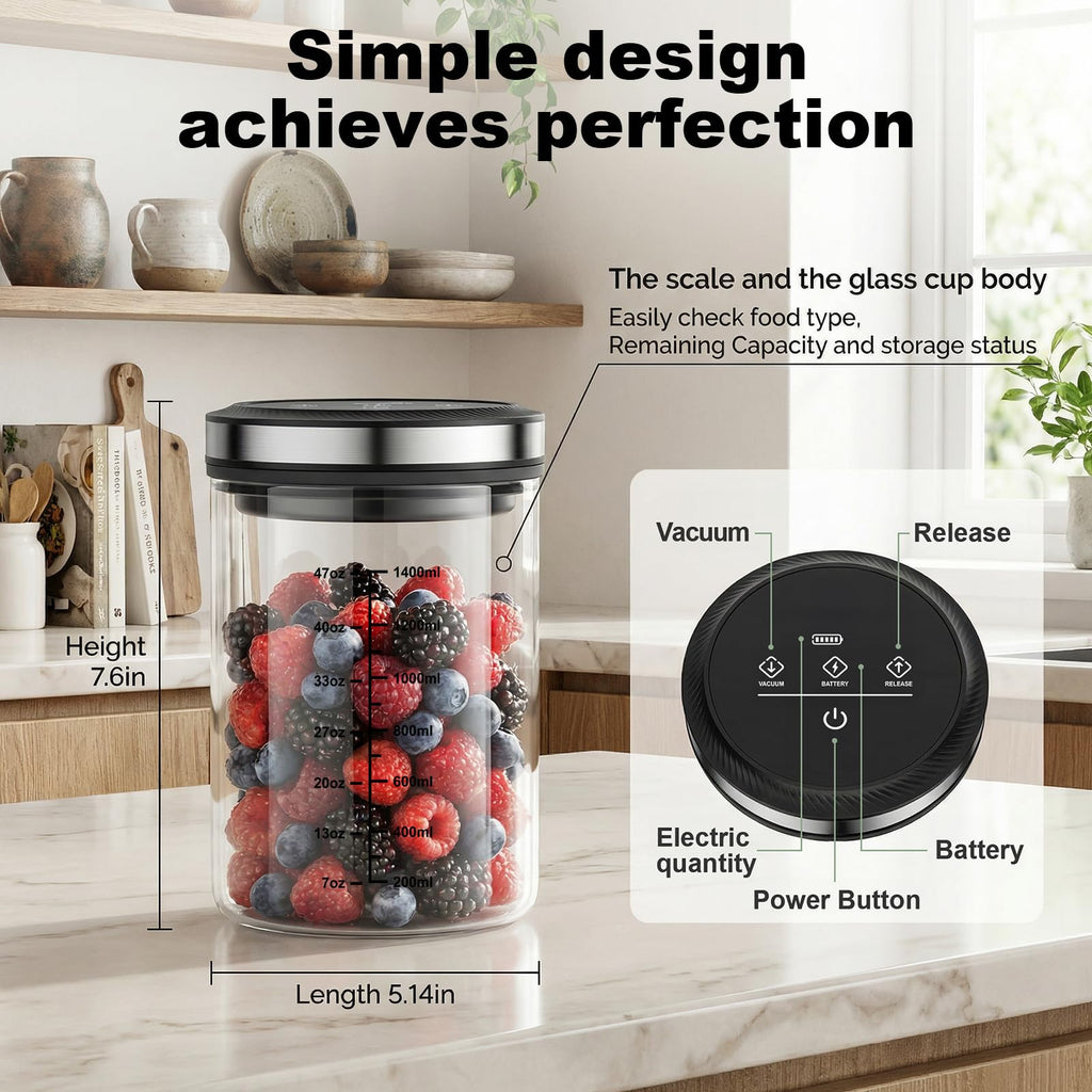 Dimension diagram of Gvode canister filled with berries, showing lid controls and 7.6-inch height