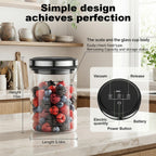 Dimension diagram of Gvode canister filled with berries, showing lid controls and 7.6-inch height