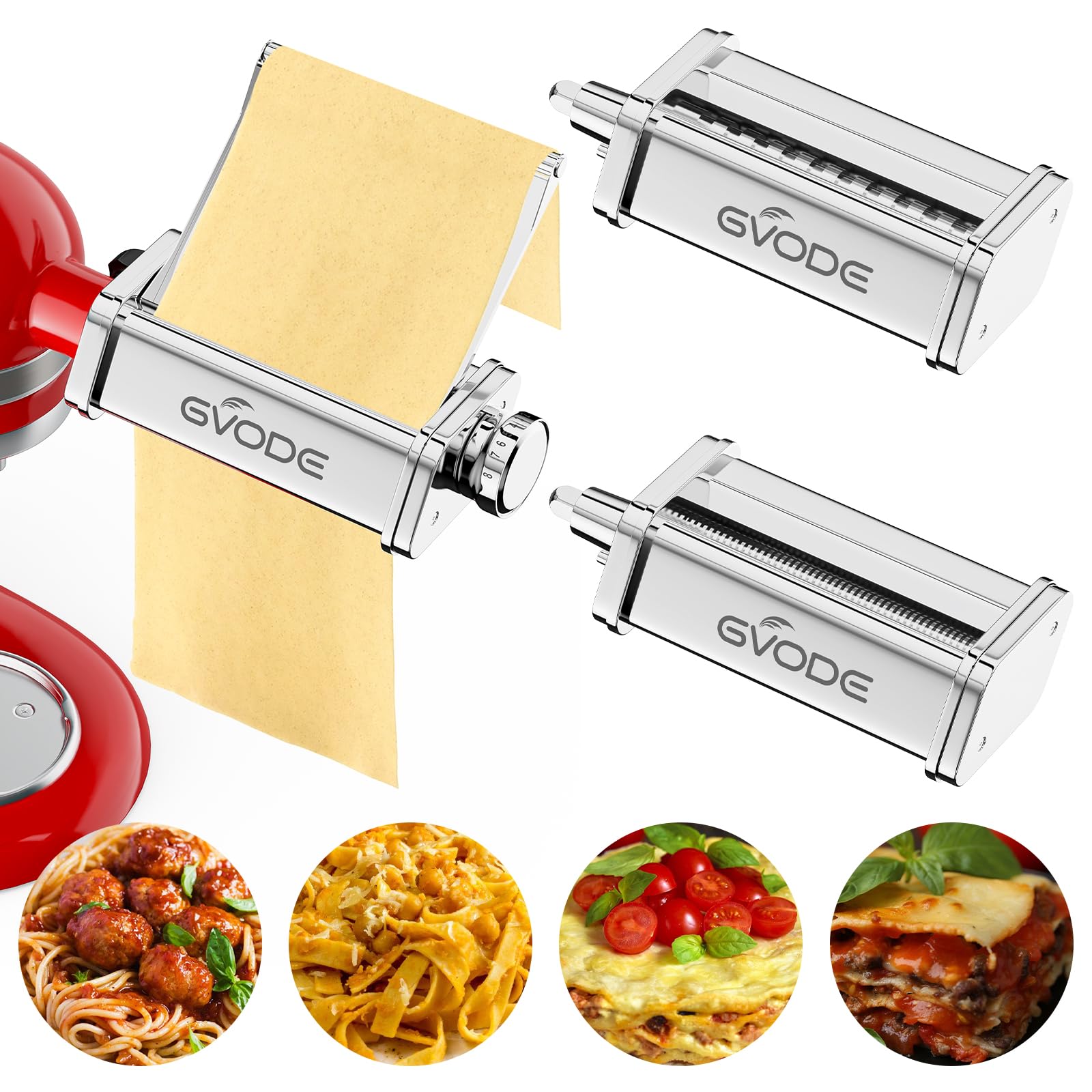 Three-piece Gvode stainless pasta attachment set with roller, fettuccine and spaghetti cutters