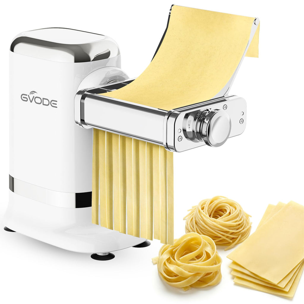 Silver and white Gvode electric pasta maker rolling lasagna sheet and cutting noodles