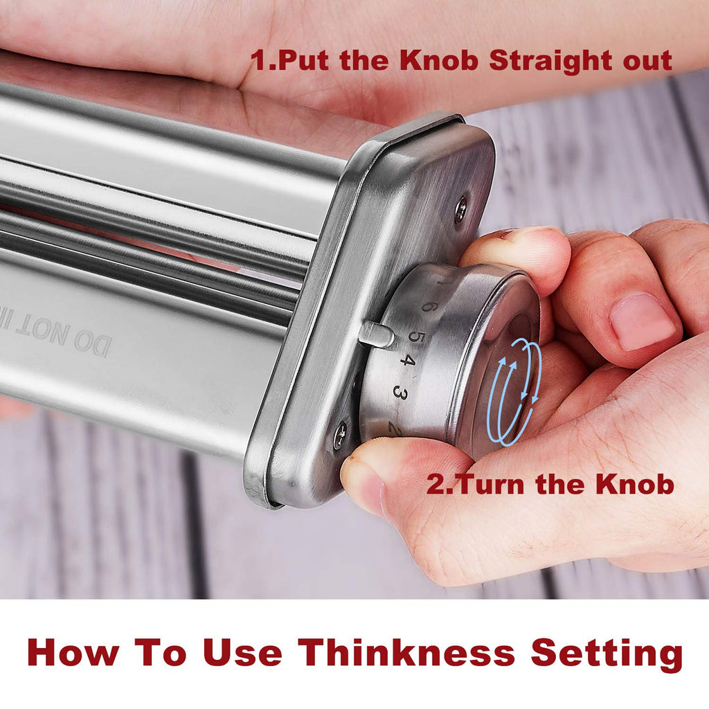 Hand pulling and turning numbered knob to adjust pasta roller thickness