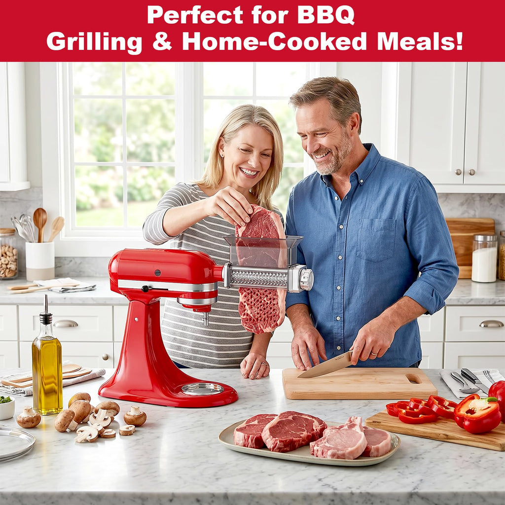 Couple feeding steak through Gvode tenderizer attachment on red stand mixer