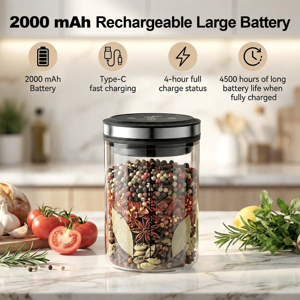 Gvode vacuum canister storing spices beside fresh herbs and vegetables, with battery feature icons