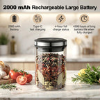 Gvode vacuum canister storing spices beside fresh herbs and vegetables, with battery feature icons