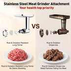 Stainless Gvode grinder compared with rusty grinder, with fresh and discolored ground meat