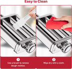 Two-step cleaning guide using a brush and dry cloth on the pasta maker rollers